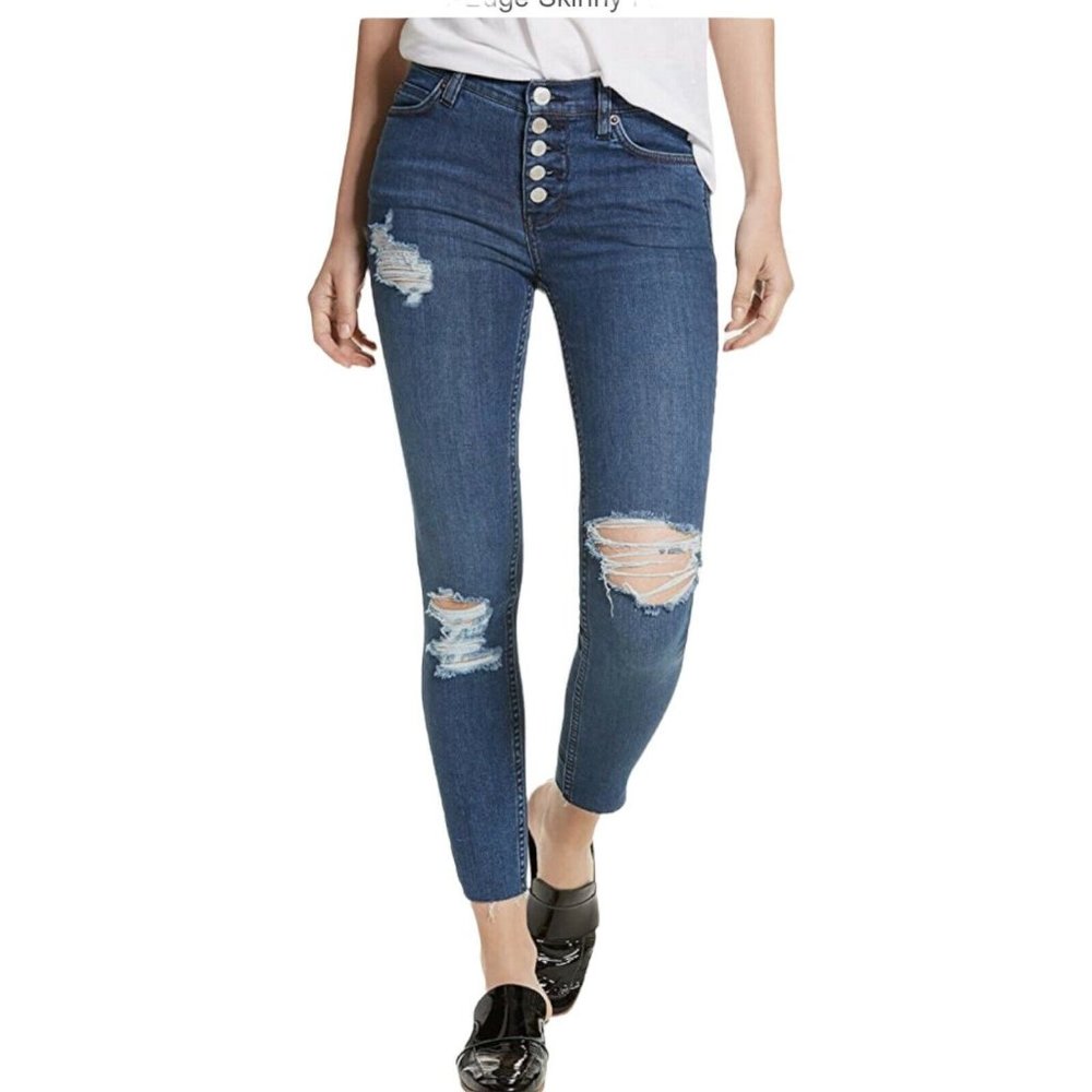 Free People Women Sz 26 Med wash High Rise Button Fly Distressed Destroyed Jean
